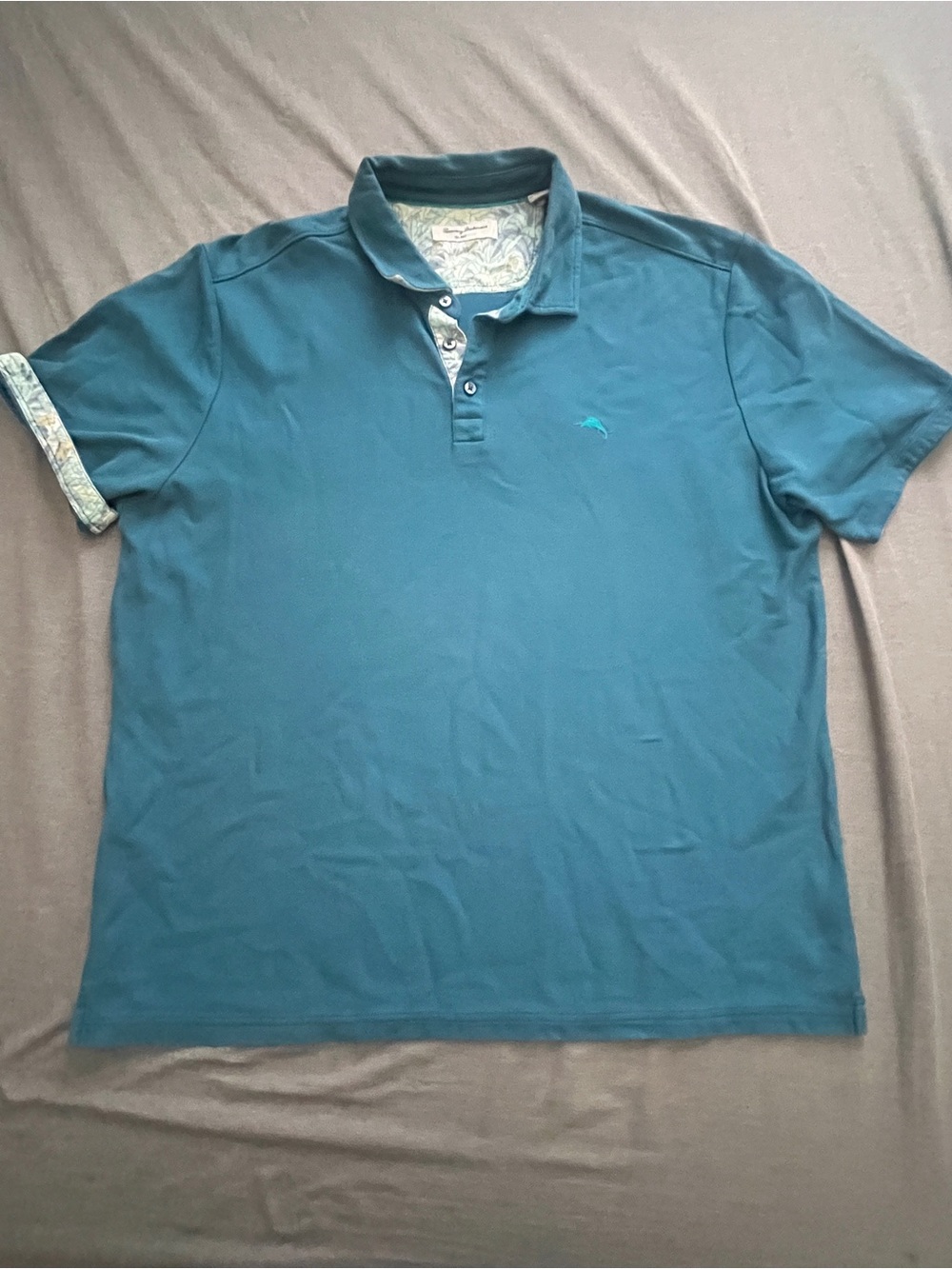 Tommy Bahama Teal Short Sleeve Polo with Patterned Trim